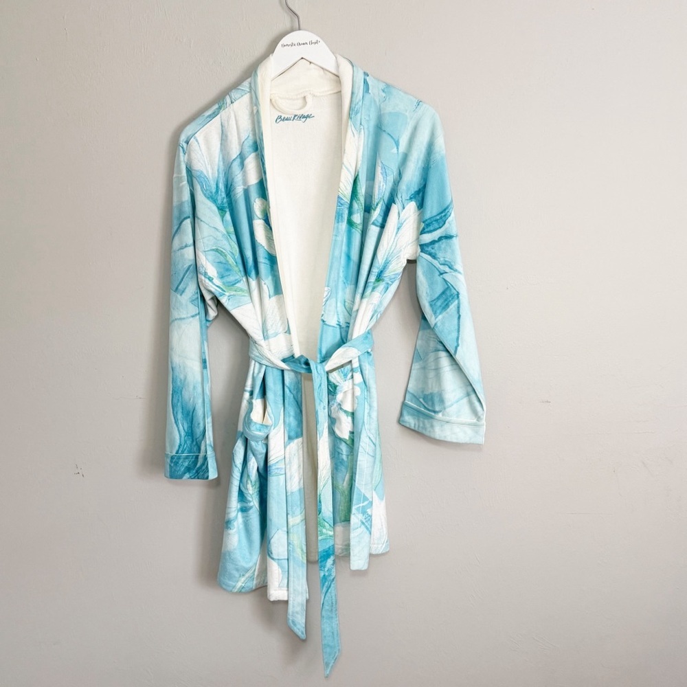 BEAU RIVAGE Women’s Blue MAGNOLIA Microfiber Robe Attached Belt Shawl Collar OS